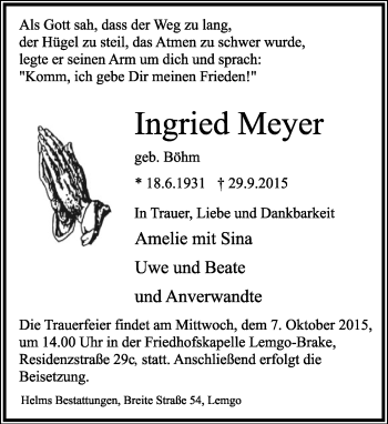Anzeige  Ingried Meyer  Lippische Landes-Zeitung