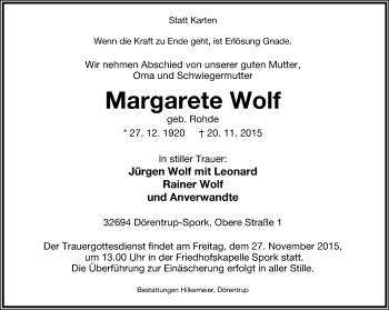 Anzeige  Margarete Wolf  Lippische Landes-Zeitung