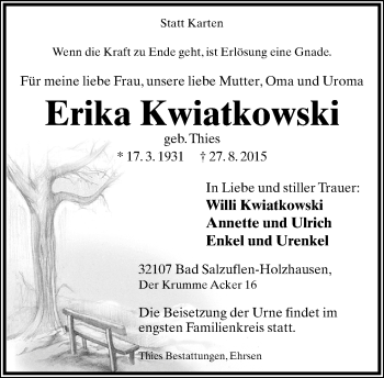 Anzeige  Erika Kwiatkowski  Lippische Landes-Zeitung