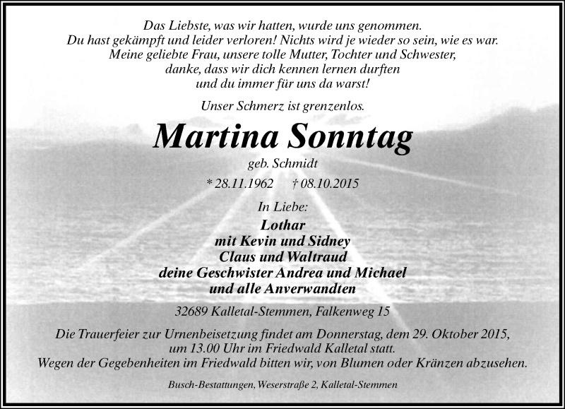  Traueranzeige für Martina Sonntag vom 24.10.2015 aus Lippische Landes-Zeitung