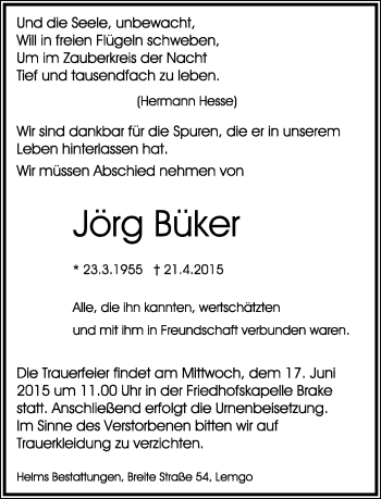 Anzeige  Jörg Büker  Lippische Landes-Zeitung