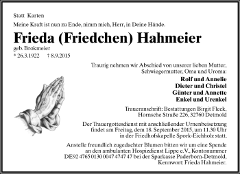 Anzeige  Frieda Hahmeier  Lippische Landes-Zeitung