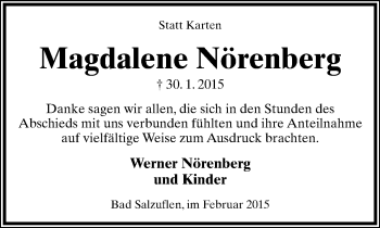 Anzeige  Magdalene Nörenberg  Lippische Landes-Zeitung