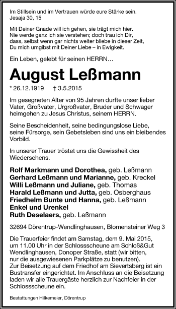 Anzeige  August Leßmann  Lippische Landes-Zeitung