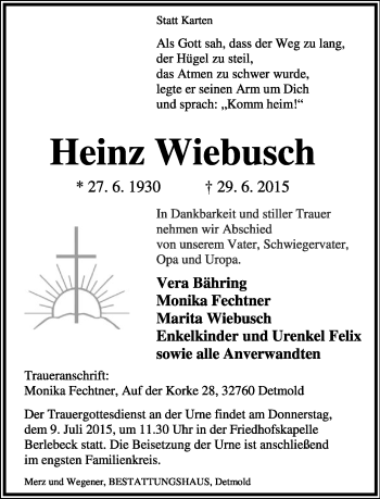 Anzeige  Heinz Wiebusch  Lippische Landes-Zeitung