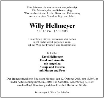 Anzeige  Willy Hellmeyer  Lippische Landes-Zeitung