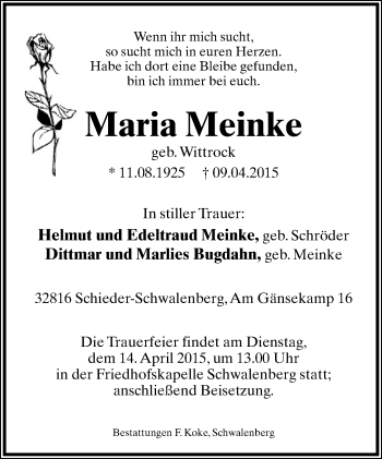 Anzeige  Maria Meinke  Lippische Landes-Zeitung