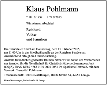 Anzeige  Klaus Pohlmann  Lippische Landes-Zeitung