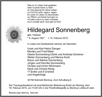 Anzeige  Hildegard Sonnenberg  Lippische Landes-Zeitung