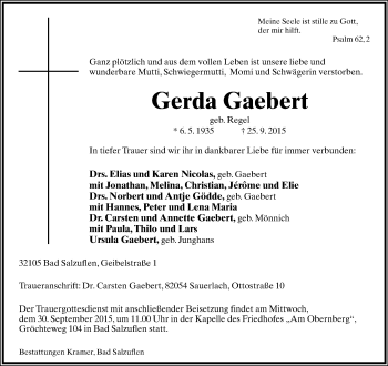 Anzeige  Gerda Gaebert  Lippische Landes-Zeitung