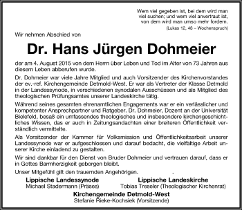 Anzeige  Hans-Jürgen Dohmeier  Lippische Landes-Zeitung