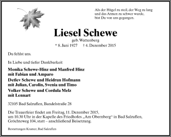 Anzeige  Liesel Schewe  Lippische Landes-Zeitung