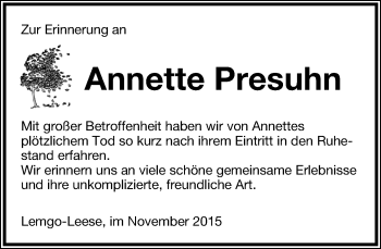 Anzeige  Annette Presuhn  Lippische Landes-Zeitung