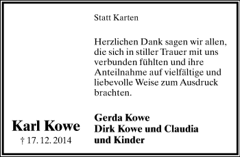 Anzeige  Gerda Kowe  Lippische Landes-Zeitung