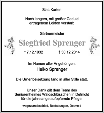 Anzeige  Siegfried Sprenger  Lippische Landes-Zeitung