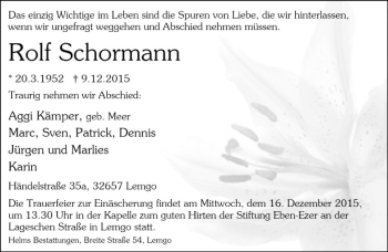 Anzeige  Rolf Schormann  Lippische Landes-Zeitung