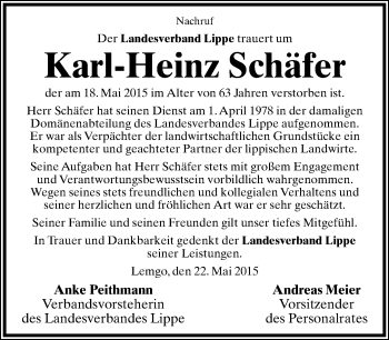 Anzeige  Karl-Heinz Schäfer  Lippische Landes-Zeitung