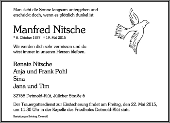 Anzeige  Manfred Nitsche  Lippische Landes-Zeitung
