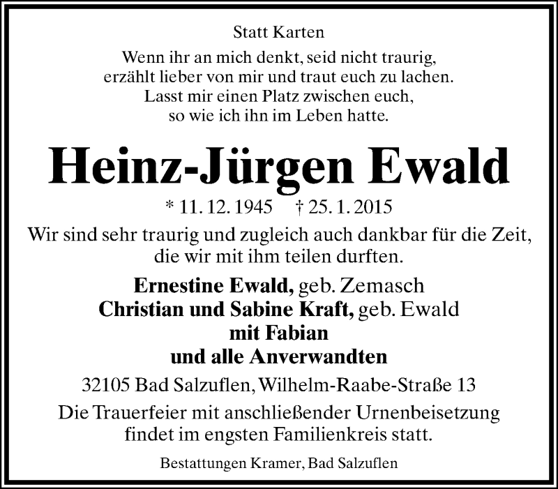  Traueranzeige für Heinz-Jürgen Ewald vom 31.01.2015 aus Lippische Landes-Zeitung