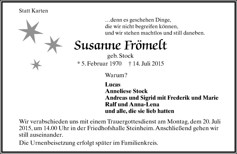 Traueranzeige für Susanne Frömelt vom 18.07.2015 aus Lippische Landes-Zeitung