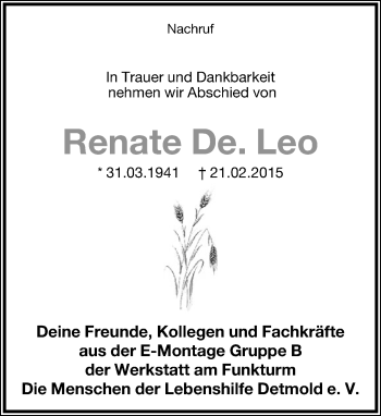 Anzeige  Renate Leo  Lippische Landes-Zeitung