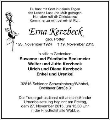Anzeige  Erna Kerzbeck  Lippische Landes-Zeitung