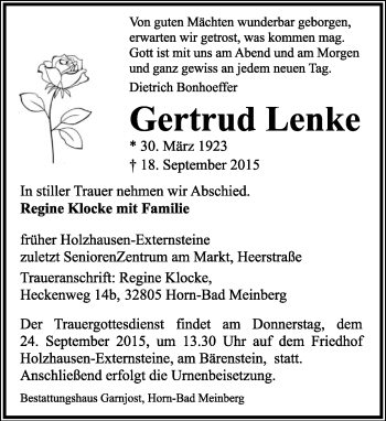 Anzeige  Gertrud Lenke  Lippische Landes-Zeitung