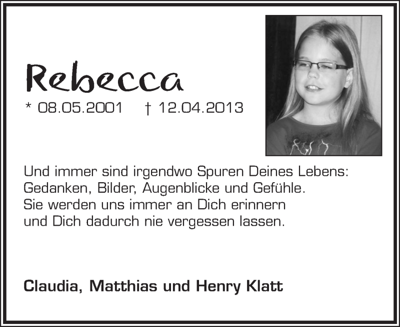  Traueranzeige für Rebecca Klatt vom 09.04.2016 aus Lippische Landes-Zeitung