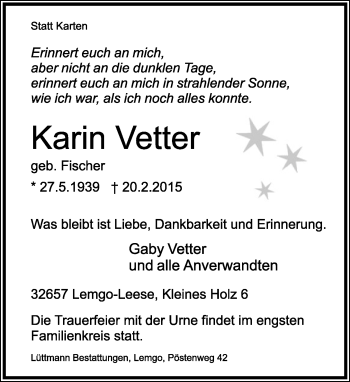 Anzeige  Karin Vetter  Lippische Landes-Zeitung