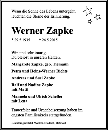 Anzeige  Werner Zapke  Lippische Landes-Zeitung