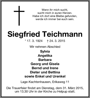 Anzeige  Siegfried Teichmann  Lippische Landes-Zeitung