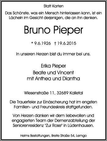 Anzeige  Bruno Pieper  Lippische Landes-Zeitung