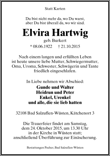 Anzeige  Elvira Hartwig  Lippische Landes-Zeitung