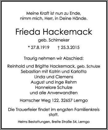 Anzeige  Frieda Hackemack  Lippische Landes-Zeitung