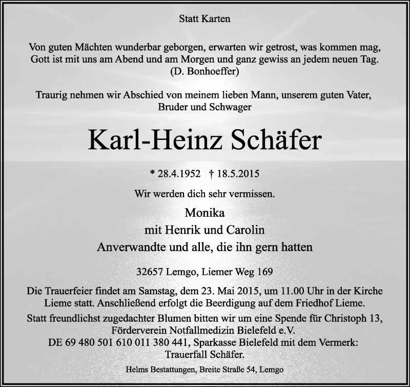  Traueranzeige für Karl-Heinz Schäfer vom 20.05.2015 aus Lippische Landes-Zeitung