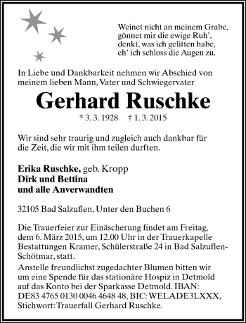 Anzeige  Gerhard Ruschke  Lippische Landes-Zeitung