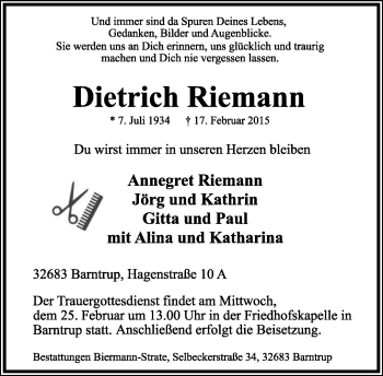 Anzeige  Dietrich Riemann  Lippische Landes-Zeitung