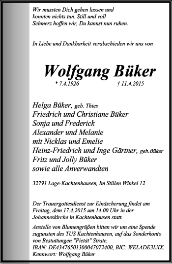 Anzeige  Wolfgang Büker  Lippische Landes-Zeitung