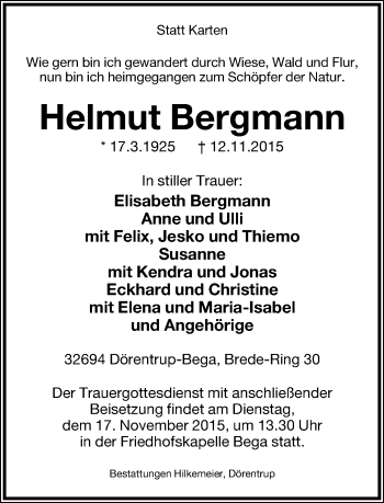 Anzeige  Helmut Bergmann  Lippische Landes-Zeitung
