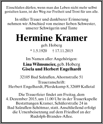 Anzeige  Hermine Kramer  Lippische Landes-Zeitung