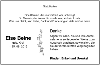 Anzeige  Else Beine  Lippische Landes-Zeitung