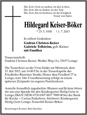 Anzeige  Hildegard Keiser-Böker  Lippische Landes-Zeitung