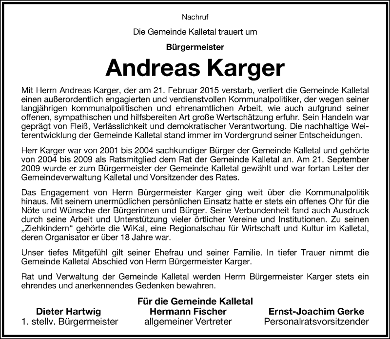  Traueranzeige für Andreas Karger vom 25.02.2015 aus Lippische Landes-Zeitung