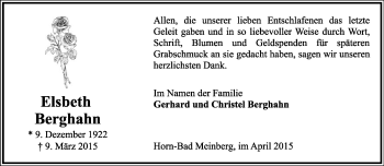 Anzeige  Elsbeth Berghahn  Lippische Landes-Zeitung