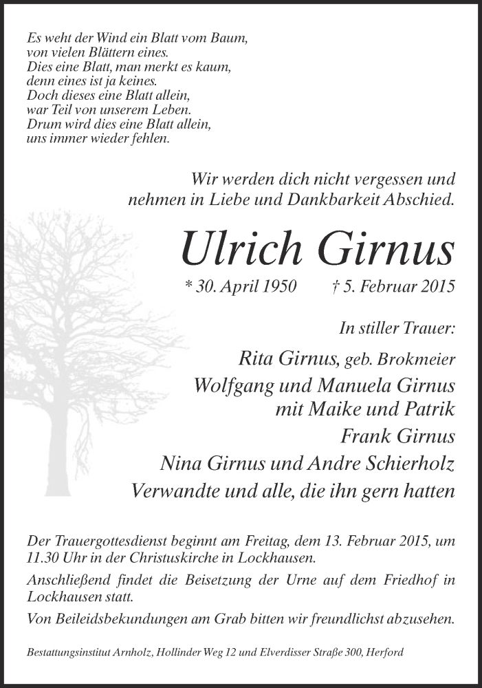  Traueranzeige für Ulrich Girnus vom 07.02.2015 aus Lippische Landes-Zeitung