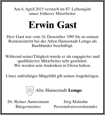Anzeige  Erwin Gast  Lippische Zeitung