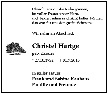 Anzeige  Christel Hartge  Lippische Landes-Zeitung