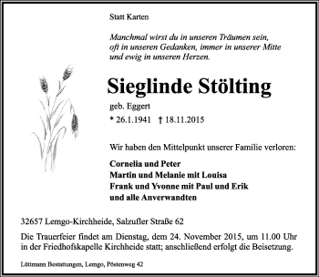 Anzeige  Sieglinde Stölting  Lippische Landes-Zeitung