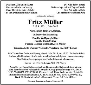 Anzeige  Fritz Müller  Lippische Landes-Zeitung
