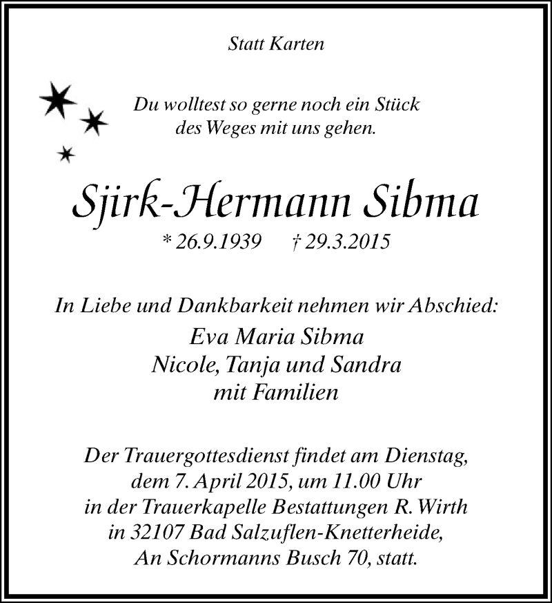  Traueranzeige für Sjirk-Hermann Sibma vom 01.04.2015 aus Lippische Landes-Zeitung